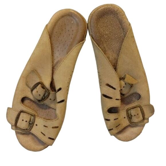 SAS Shoes - Sas Suede Wedge Heel Slide Sandal Double Strap Buckle Detail Tan Womens Size 6.5